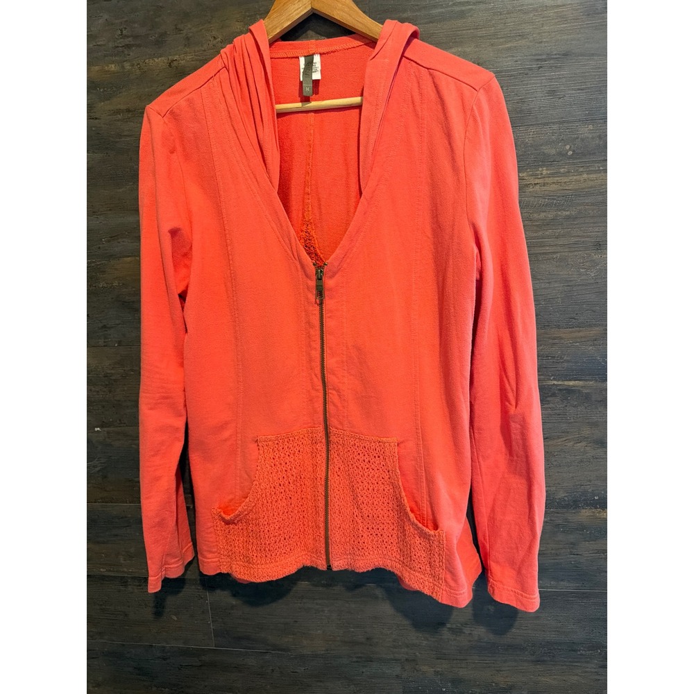 XCVI Wearables Women Coral Orange Cotton Crochet Back Zip Up Hoodie MEDIUM